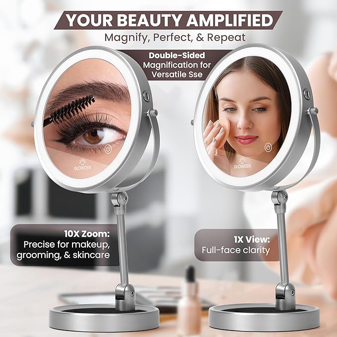Smart 9" LED Light Makeup Mirror, Rechargeable, 1X/10X Magnifying Vanity Mirror with 3 Color Lights, Height Adjustable, Large Tall 360° Swivel Double Sided Standing Travel Mirror (Chrome)