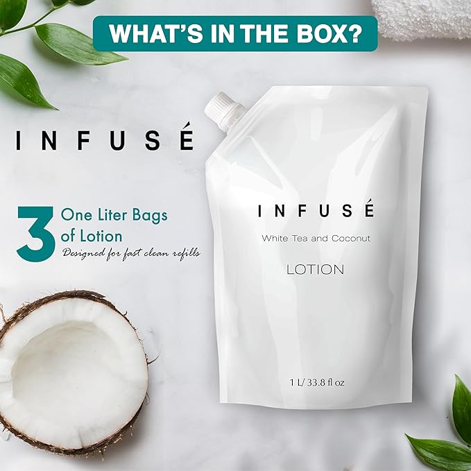 INFUSÉ 1 Liter Lotion Refill Bag For Soap Dispensers | Bulk Toiletries for Vacation Rentals, and Home Bathroom Showers | White Tea and Coconut | Set of 3
