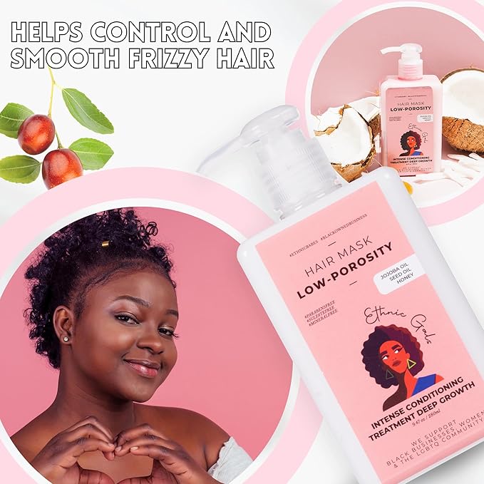 Ethnic Gals Low Porosity Hair Mask - Deep Moisture & Repair Treatment for Curly, Coily, Dry Hair with Shea Butter & Argan Oil, Restores Softness & Shine, 9.5 fl oz (280ml)