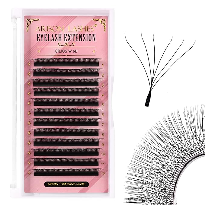 Arison Lashes Double Layers 6DW Shape Eyelash Extension Natural Soft Volume 0.07mm D Curl 11mm Premade Fans Faux Mink Matte Black 12 rows