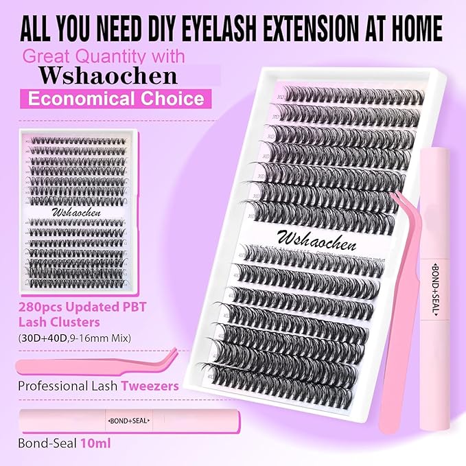 Lash Extension Kit DIY 280pcs Lash Clusters Eyelash Extension Kit, Lash Bond and Seal Lash Tweezers for Self Use 9-16mm Mix，40D Curl Individual Lashes Kit (40D-0.07D-9-16MIX KIT)
