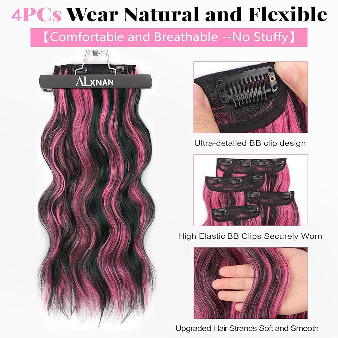 ALXNAN Clip in Long Wavy Synthetic Hair Extension 20 Inch Black Mix Rose Pink Highlights 4PCS Thick Hairpieces Fiber Double Weft Hair for Women