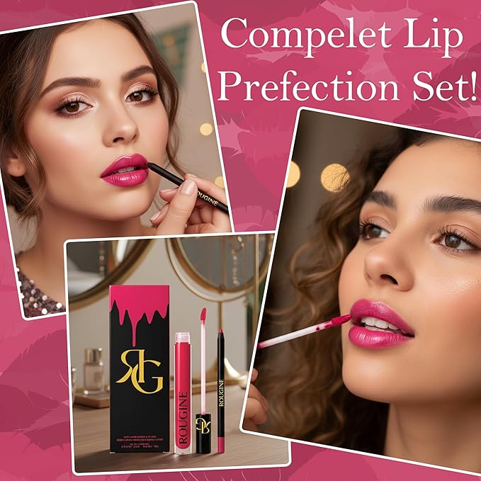 Rougine Liquid Lipstick & Lip Liner Set for Women – Smooth Matte French Kiss Shade, Long-Lasting Waterproof Lipstick, Smudge-Resistant Lip Makeup, Soft Glide Liner – Vitamin E & Shea Butter