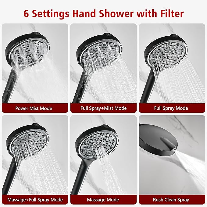 SUMERAIN Matte Black Shower System with 6-Spray Handheld Filtered Shower Head, Wall Mounted Rain Shower Faucet Set with Rough in Valve