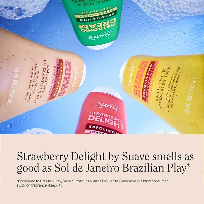 Suave Strawberry Delight Exfoliating Body Wash & Scrub with Glycerin & Vitamin E, Sulfate-Free Hydrating Cleanser for Soft, Smooth Skin, 6 Count, 18 FL OZ EA