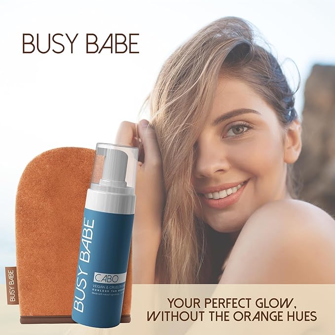 Busy Babe CABO Tanning Mousse Self Tanner With Mitt - Achieve a Gorgeous, Flawless Tan, Sun-Kissed Glow for All Skin Types and Tones, Sunless Tanning Mousse for Undertone (DARK BRONZE 200ml)