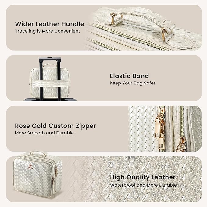Faquenc Makeup Bag with LED Lighted Mirror 12.2 IN Cosmetic Train Case Double Layer Makeup Case Adjustable Brightness in 3 Colors Cosmetic Organizer Artist Storage with Brush Holder Vanity Beige