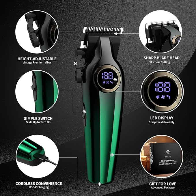 BILLAR Professional Hair Clipper for Men Hair Cutting Kit Men's Beard Trimmer Hair Trimmer Shaver Cordless Barber Clippers and Trimmers（Green）