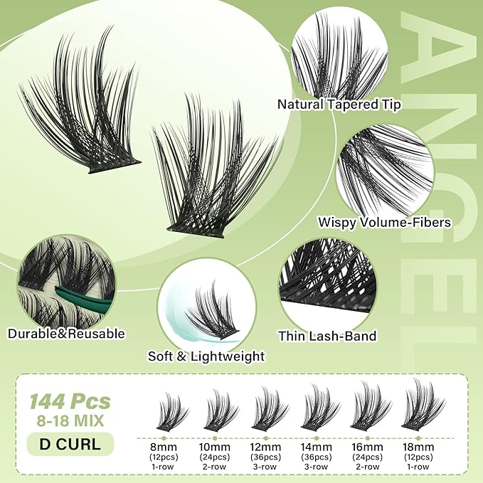 KEYYOU LASH clusters 144Pcs D Curl Angel Eyelash Extension Thick Wispy Natural Band Lash with Waterproof DIY Lash Extension at Home（Angel A03-D-8-18MIX）