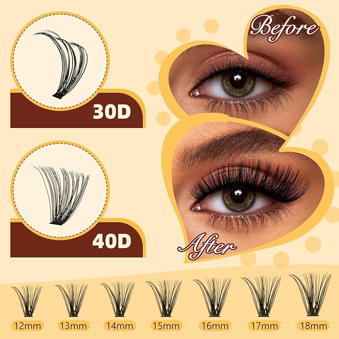 QUEWEL Lash Clusters, 280PCS 30+40D Lash Clusters Kit Mixed 2 styles 10-16mm, Thick Eyelash Clusters with Bond And Seal lashes clusters Glue and Lashes Tweezers Easy DIY at Home(D-30D+40D)