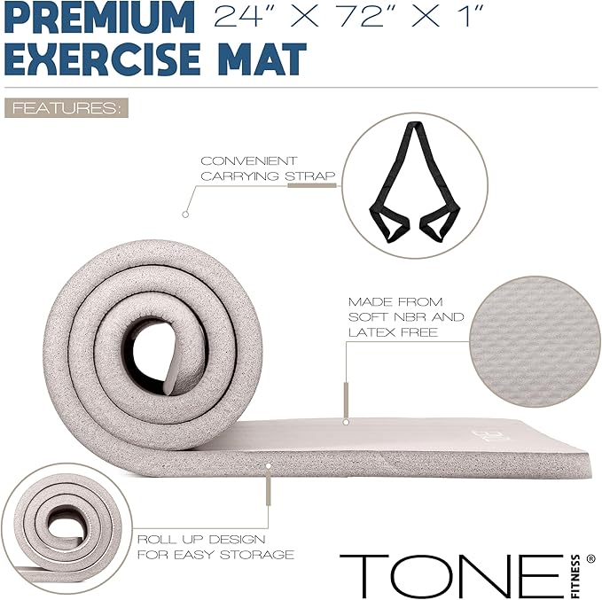 Tone Fitness 1-Inch Thick Yoga Mat | High-Density, Non-slip Exercise Mat with Carrying Strap for Yoga, Pilates, & Home Gym Workouts | Multiple Options