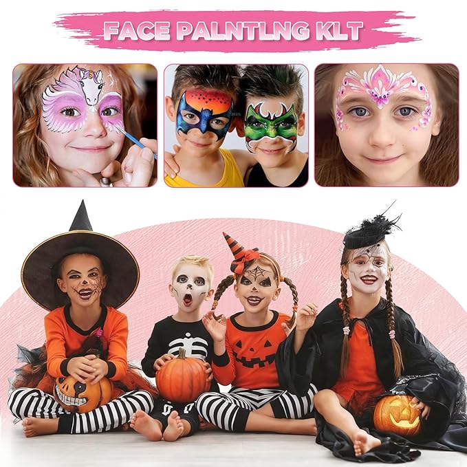 Face Painting Kit DIY Body Art Set - 24 Colors With Stencils Brushes and Hair Chalk - Professional Body Makeup Kit for Parties Birthdays Halloween