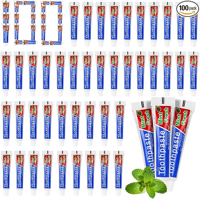 0.28 oz Small Travel Size Toothpast Bulk - Pack of 100,Disposable Mint Flavor 0.8x3.14 inches Single Use Mini Toothpaste for Hotel,Camping,Homeless,Charity,Guests,Office,Vacation