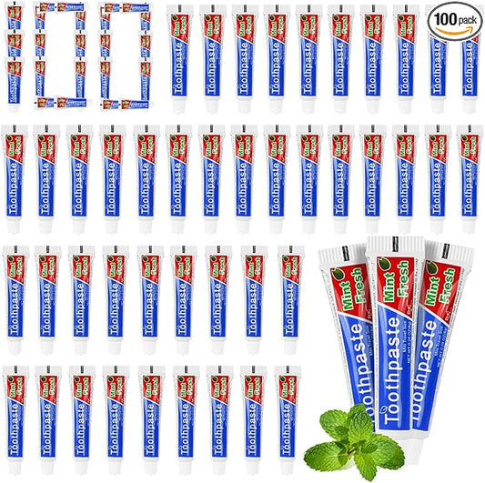 0.28 oz Small Travel Size Toothpast Bulk - Pack of 100,Disposable Mint Flavor 0.8x3.14 inches Single Use Mini Toothpaste for Hotel,Camping,Homeless,Charity,Guests,Office,Vacation