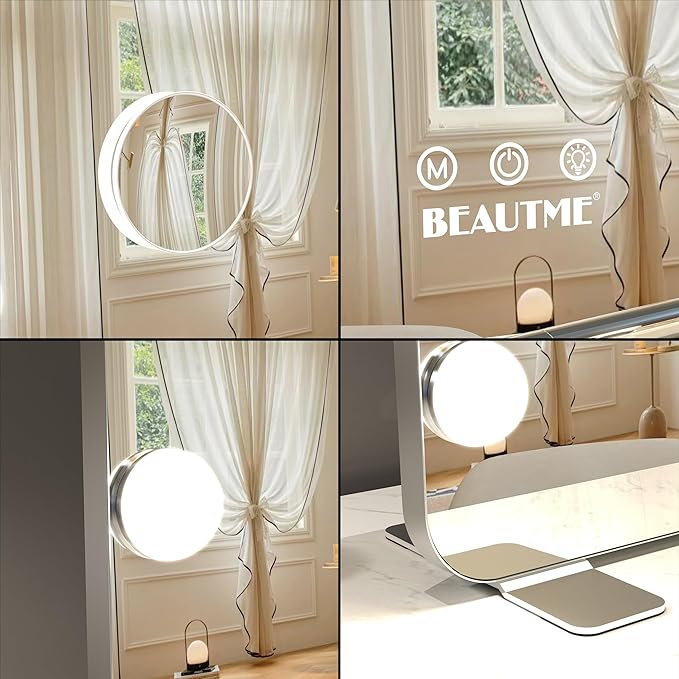 BEAUTME Large Vanity Mirror with Lights, 36''×24'' Makeup Mirror, Light up Mirror with 16 Dimmable LED Bulbs and 3 Color Lighting Modes, Tabletop or Wall Mounted, Silver