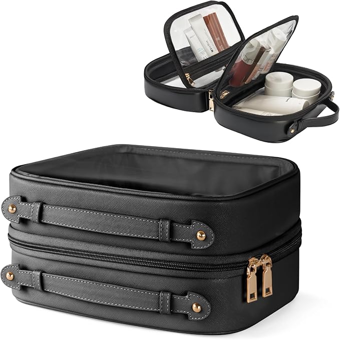 Oaque Clear Cosmetic Bag Double Layer Travel Toiletry Bag Clear Makeup Bag Case with 4 Compartments, Transparent Travel Bag for Toiletries, Large Toiletry Bag for Women Cosmetic Case (Black, Large)
