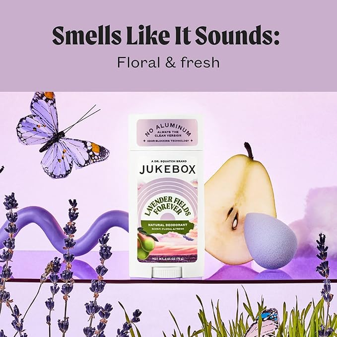 JUKEBOX Natural Deodorant for Women–Lavender Fields Forever Scent–Aluminum-Free, No Baking Soda, No Harsh Chemicals, Odor Blocking Technology, Lavender,Pear,Driftwood-a Dr. Squatch Brand-2.65oz,2 Pack