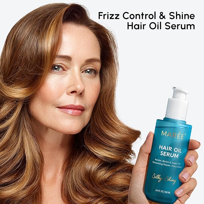 MAREE Hair Serum for Dry and Curly Hair Gloss – Hair Oil for Frizzy Hair with Argan Oil, Keratin & Biotin – Frizz Control Hair Care Products for Women – Aceite Para el Cabello – Keratin Hair Treatment