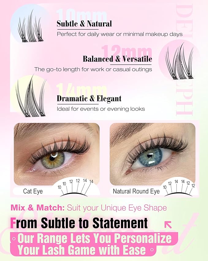 Short 10-12-14mm Lash Clusters Kit Manga Eyelash Clusters Kit Wispy Cluster Eyelash Extensions Clear Band Natural Lash Extension Kit Fairy Cluster Lashes by Delyneph
