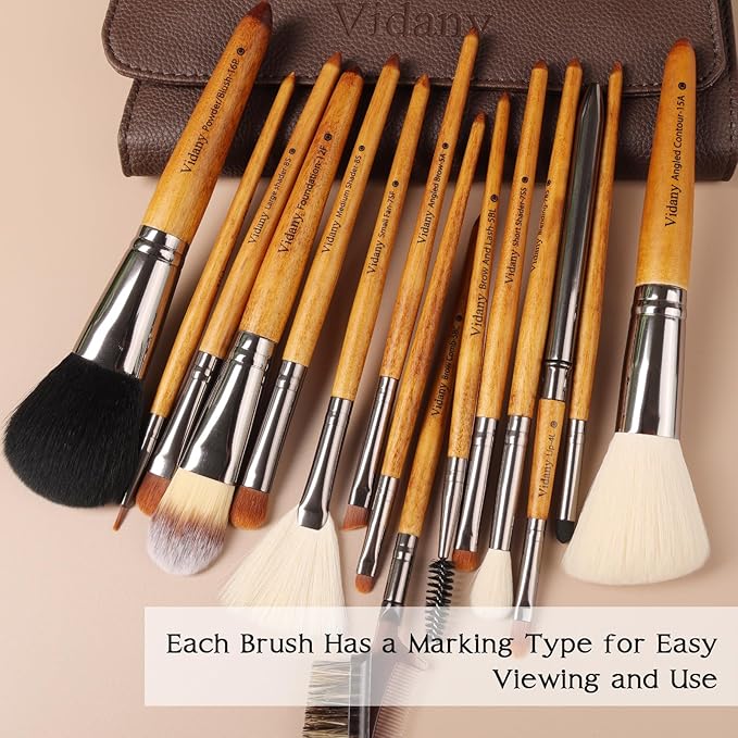 Vidany Makeup Brush Set,15pcs Walnut Wooden Makeup Brushes With Leather Button Bag, Professional Makeup Brushes For Foundation Concealer Kabuki Blush Eyeliner Shadow Brow, Makeup Brush Sets & Kits