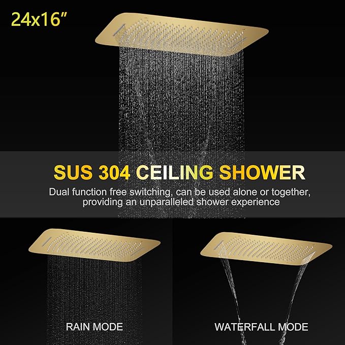 AYIVG Thermostatic Shower System Brushed Gold 4 Functions Complete Shower Faucet Set with 16 * 24 Inches Rainfall and Rain Shower Head Digital Display Shower System with Body Jets