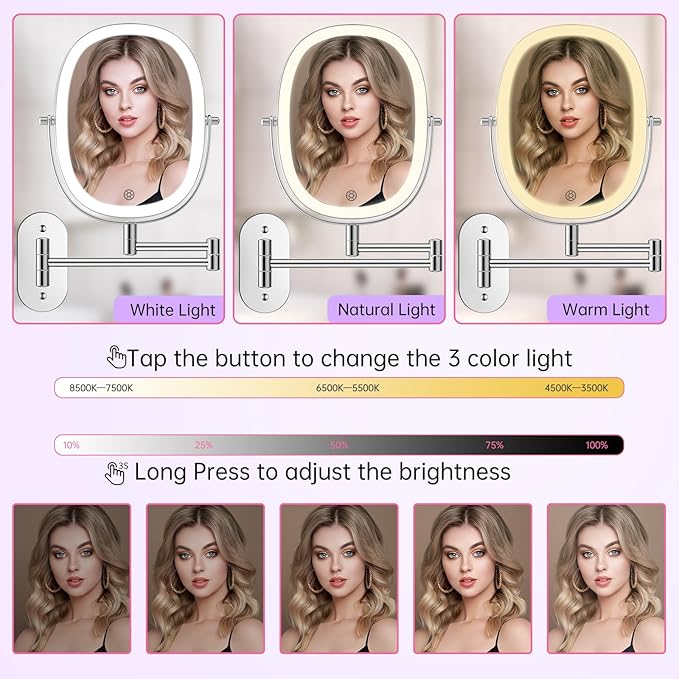 FUNTOUCH Wall Mounted Makeup Mirror,Rechargeable 7X/1X Double Sided Touch Switch Rectangle Oval Wall Mounted Magnifying Mirror with Light, 3 Color Setting,Extended Arm 360°Foldable, Nickel