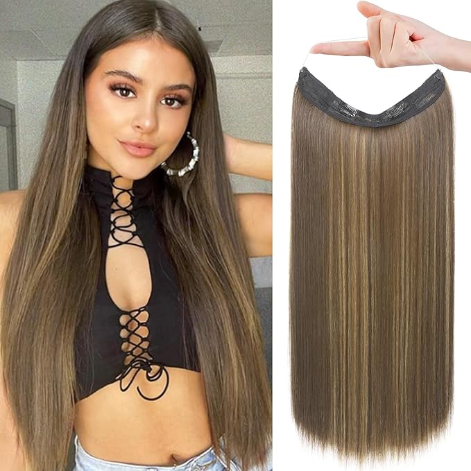 REECHO Invisible Wire Hair Extensions with Transparent Headband Adjustable Size Removable Secure Clips in Straight Secret Hairpiece for Women - 16 Inch,Chocolate Brown with Highlights