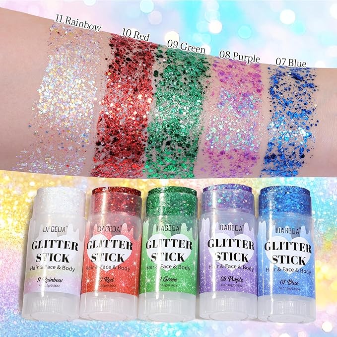DAGEDA Green Body Glitter Stick,St Patricks Day Accessories,Sparkly Green Face Glitter Makeup,Holographic Hair Glitters St Patricks Day Costumes for Women, Shimmer Face Paint Stick for Carnival Party