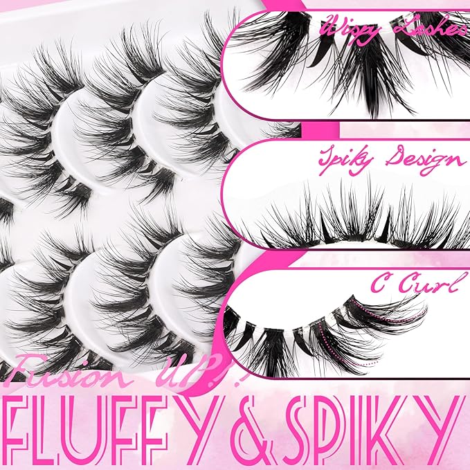 Veleasha Manga Bunny Lashes Cat Eye Lashes with Clear Band 7-16MM C Curl Spiky Anime Spiky False Eyelashes 6D Effect 10 Pairs Doll Eye Wispy Eyelashes (Spiky02)
