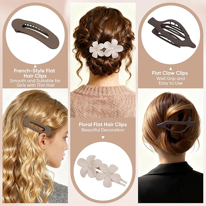 10 Pack Flat Hair Clips for Women, 3 Styles Matte Neutral Flat Claw Clips for Women Girls, Strong Hold Non-Slip Styling Accessories for Thick & Thin Hair