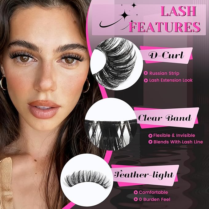 Veleasha Russian Strip Lashes with Clear Band Looks Like Eyelash Extensions D Curl Lash Strips 10 Pairs Pack (DT05)