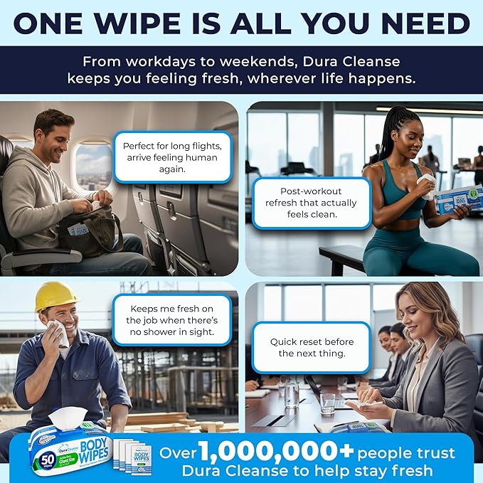 Dura Cleanse Body Wipes for Adults Bathing - (2 Pack) 100 XL No Rinse Bath Wipes + 8 Travel Shower Sheets - 10 x 11.5" Extra Thick Disposable Washcloths for Elderly Incontinence & Camping Essentials
