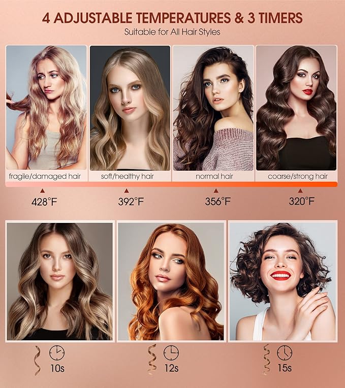 Automatic Curling Iron, Auto Hair Curler with 1" Curling Wand Large Slot & 4 Temperature & 3 Timer, Dual Voltage Anti-Tangle Rotating Curling Iron with Auto Shut-Off for Hair Styling, Champagne
