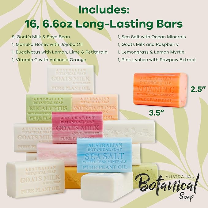 Australian Botanical Soap 16-Bar Set, Goats Milk & Soya Bean 8-Pack + Variety 8-Pack,| 6.6 OZ Triple-Milled Soap Bars with Organic Shea Butter & Sustainable Plant Oils