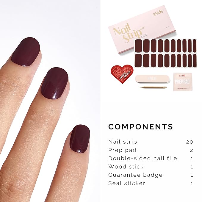 NAILOG Semi Cured Gel Strips - 20 Pcs Nail Stickers | Buy 2 Get 1 UV Light | Extra Long Wraps With Glossy Gel Finishing Reddish Brown, Plum