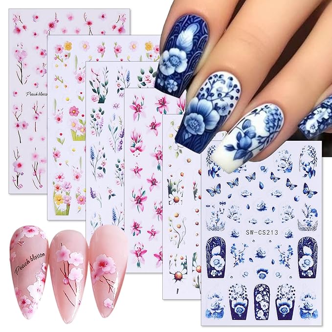 6 Sheets Flowers Nail Art Stickers Decals 3D Self Adhesive Nail Design Stickers Pink Blue White Spring Peach Blossom Flower Daisy Nail Decals for Women Girls DIY Manicure Tip Flowers Nail Decoration