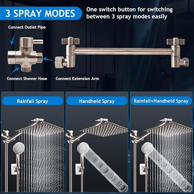 Shower Head Combo(Brushed Nickel),10'' High Pressure Rain Shower Head with 11'' Adjustable Extension Arm and 5 Settings Handheld,Powerful Shower Spray Against Low Pressure Water