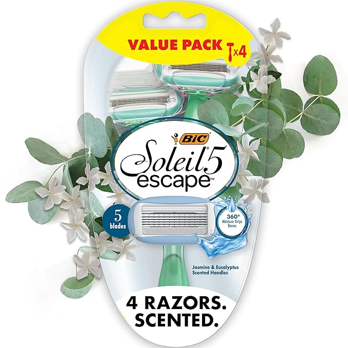 BIC Soleil 5 Escape Scented Women's Disposable Razors, 5 Blades, Comfortable Shave, Jasmine & Eucalyptus Scented Handle Shaving Razors for Women, 4 Count