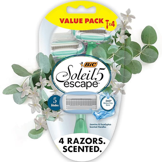 BIC Soleil 5 Escape Scented Women's Disposable Razors, 5 Blades, Comfortable Shave, Jasmine & Eucalyptus Scented Handle Shaving Razors for Women, 4 Count