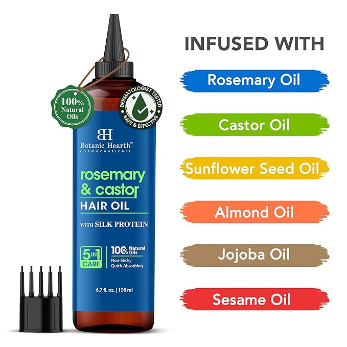 Botanic Hearth Hair Oil for Hair Growth & Home Hair Perm Kit | Strengthening Dry, Frizzy, Damaged Hair & Scalp Treatment | Rosemary Castor Hair Oil – 6.7 Fl Oz