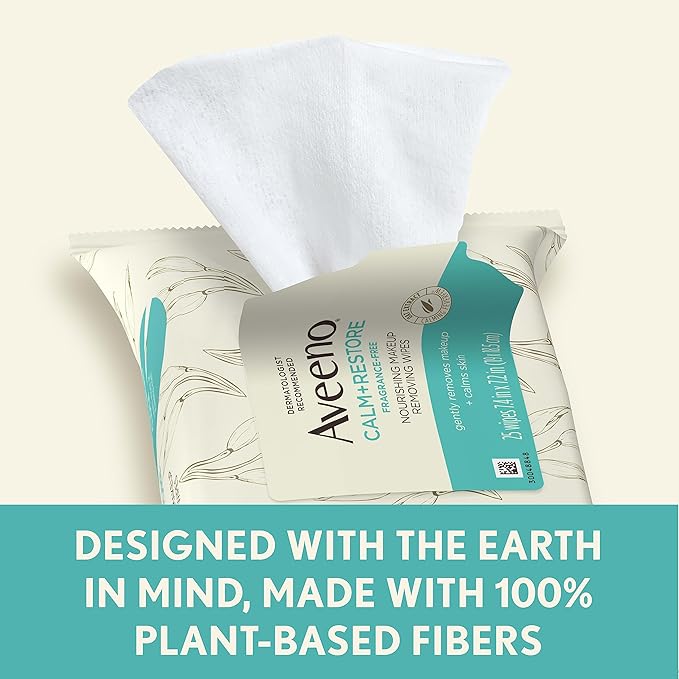 Aveeno Calm + Restore Unscented Makeup Remover Face Wipes, Fragrance Free Facial Cleansing Towelettes with Oat Extract & Calming Feverfew Leave Skin Feeling Soothed, Alcohol Free, 25 ct