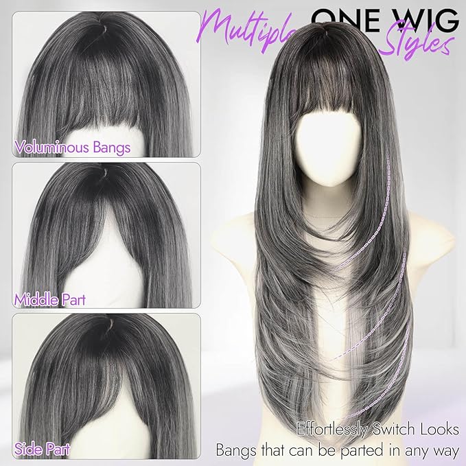Long Black mix White Wig with Bangs for Women,4x4 Realistic Scalp,Free Parting,Layered Hairstyle Synthetic Heat Resistant for Daily Party Use 26 inch