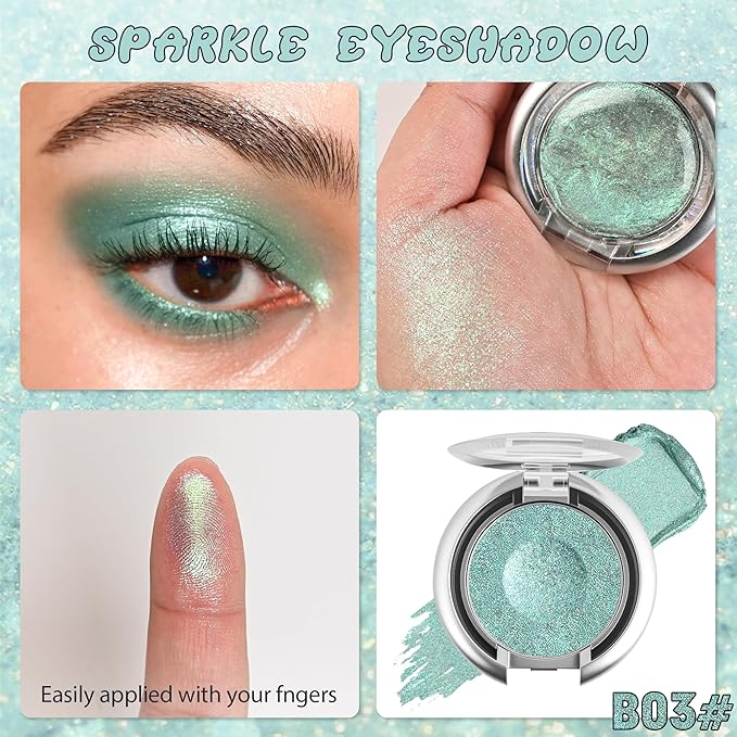 Glitter Eyeshadow,Multichrome Holographic Green Shimmer Eye Shadow,Chameleon High Pigmente Sparkly Shadows Palette，Iridescent Metallic Eye Highlighter，Makeup for Rave，LongWear,03#