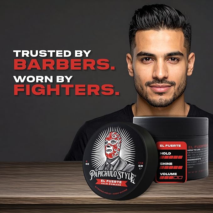 Papichulo Style Deluxe Pomade “El Fuerte” – Strong Hold, High Shine, Adds Volume – Water-Based, Flake-Free, Easy Washout, Paraben-Free – Made in USA - 4 oz