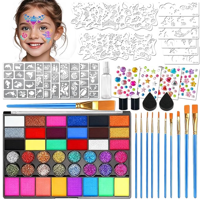 Water Activated Face Paint Professional Kit, Water Based Face Paint for Kids, 42 Color Non-Toxic Face Painting with 15 Stencils, Gems, Brushes,8 Tattoo Stencil for Christmas, Party, Carnival, Festival