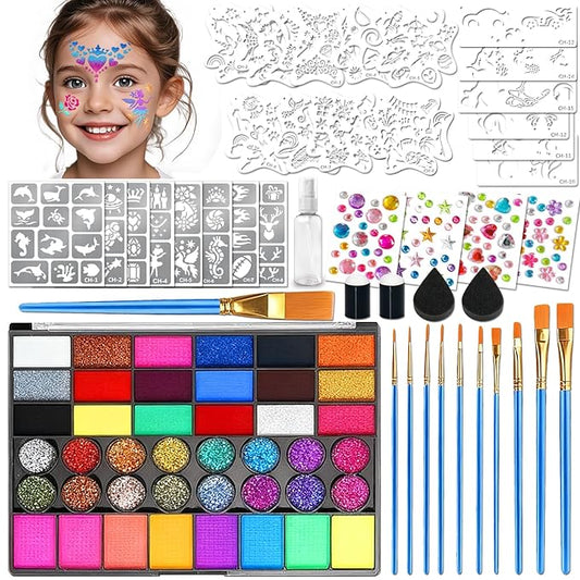 Water Activated Face Paint Professional Kit, Water Based Face Paint for Kids, 42 Color Non-Toxic Face Painting with 15 Stencils, Gems, Brushes,8 Tattoo Stencil for Christmas, Party, Carnival, Festival