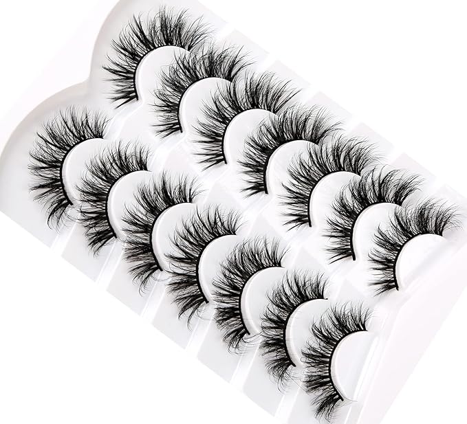 Pooplunch False Eyelashes Wispy Mink Lashes Cat Eye Natural Crossed Cluster Look 8D Volume Fake Eyelash Strips Faux Mink Lashes 7 Pairs Pack