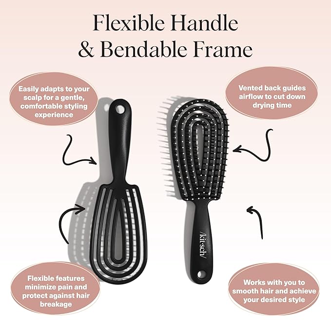 Kitsch Detangler Brush – Flexible Curly Hair Brush for Women, Men & Kids | Detangling Hairbrush with Bendable Frame and Ultra-Smooth Bristles for Wet or Dry Strands - Black