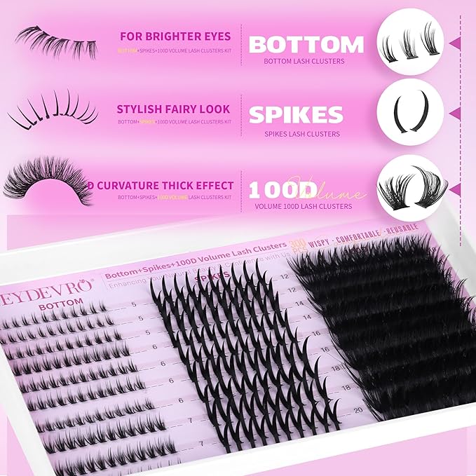 EYDEVRO Volume Eyelash Clusters Kit 100D Lash Clusters with Spikes Lash Extension Kit Bottom Lashes Wispy Cluster Eyelash Extensions 300 Pcs Spiky Lash Clusters Kit Lash Bond and Seal Tweezers Brushes