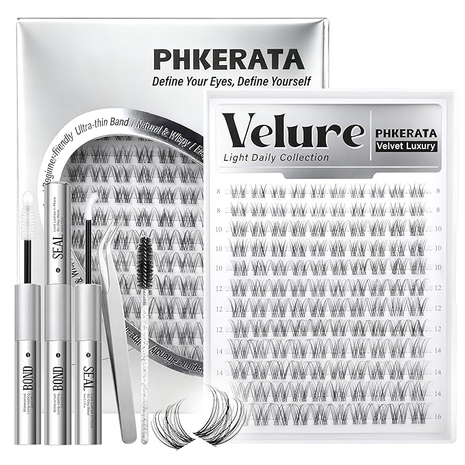 Velure Lash Clusters Kit Natural Eyelash Clusters Wispy Lash Extension Kit Invisible Clear Band Lashes DIY Cluster Eyelash Extensions with Bond and Seal Tweezers, 8-16mm, 120Pcs